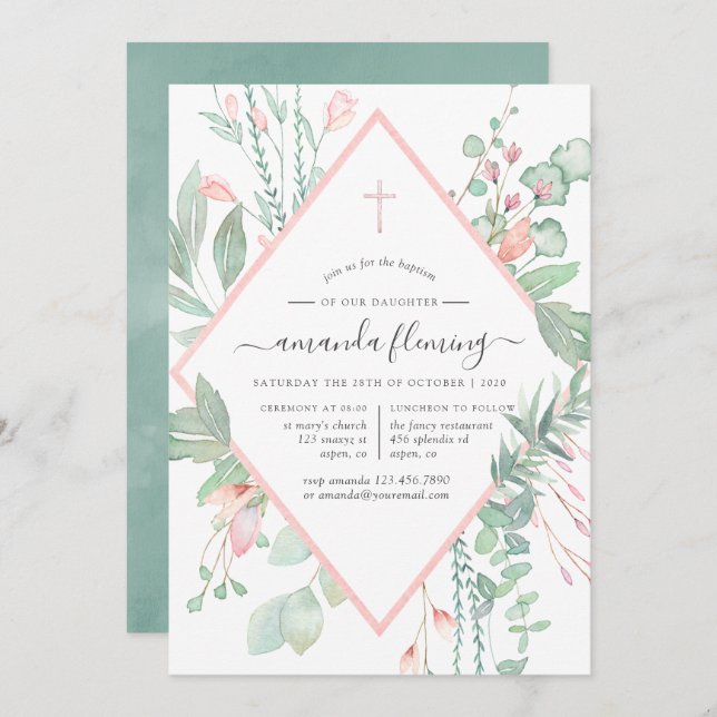 Pastel Blush Greenery Baptism or Christening Invitation (Front/Back)