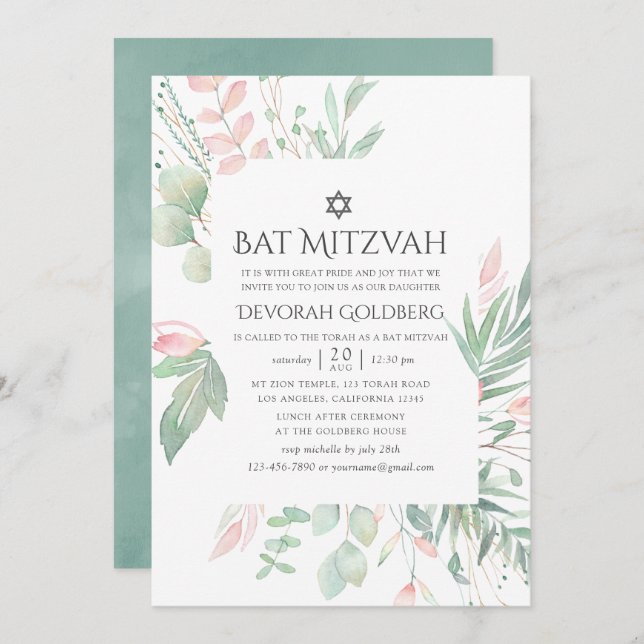 Pastel Blush Greenery Bat Mitzvah Invitation (Front/Back)