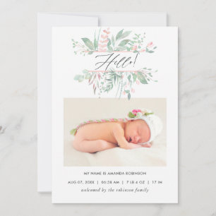 Pastel Blush Greenery Birth Announcement Card
