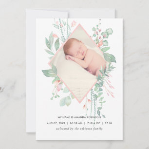 Pastel Blush Greenery Birth Announcement Card