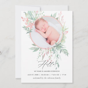 Pastel Blush Greenery Birth Announcement Card