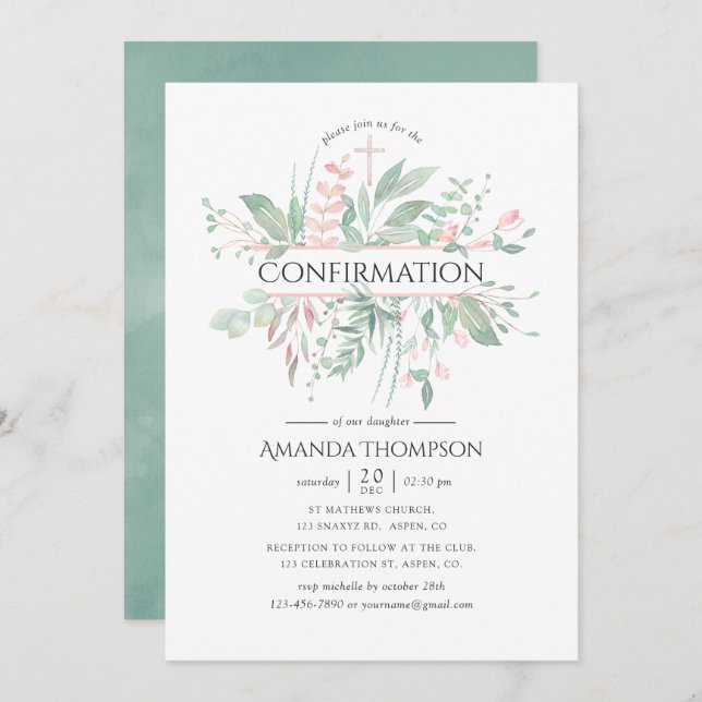 Pastel Blush Greenery Confirmation Invitation (Front/Back)