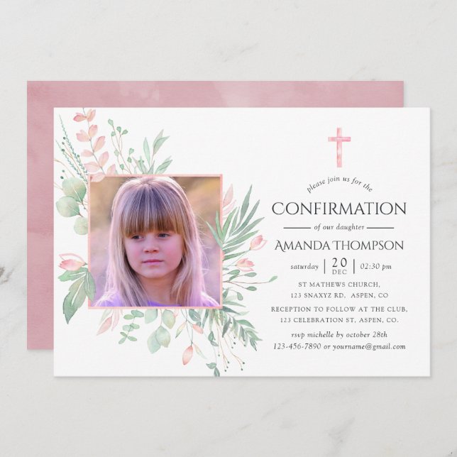 Pastel Blush Greenery Confirmation Invitation (Front/Back)
