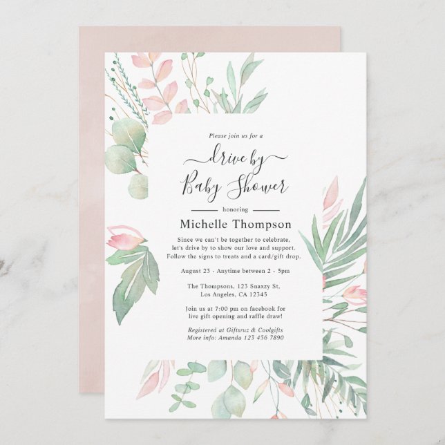 Pastel Blush Greenery Drive By Shower Invitation (Front/Back)