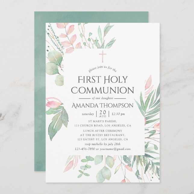 Pastel Blush Greenery First Holy Communion Invitation (Front/Back)