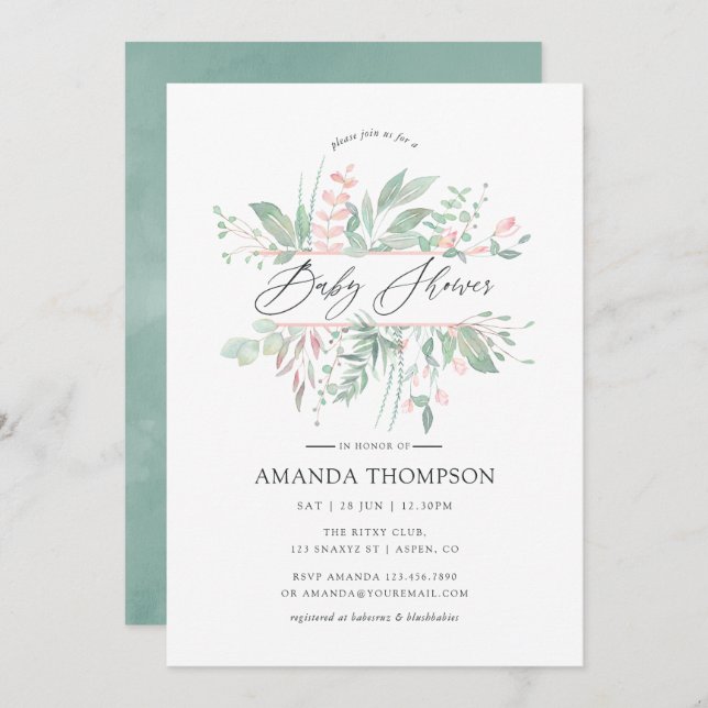 Pastel Blush Greenery Geometric Baby Shower Invitation (Front/Back)
