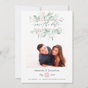 Pastel Blush Greenery Photo Wedding Save The Date