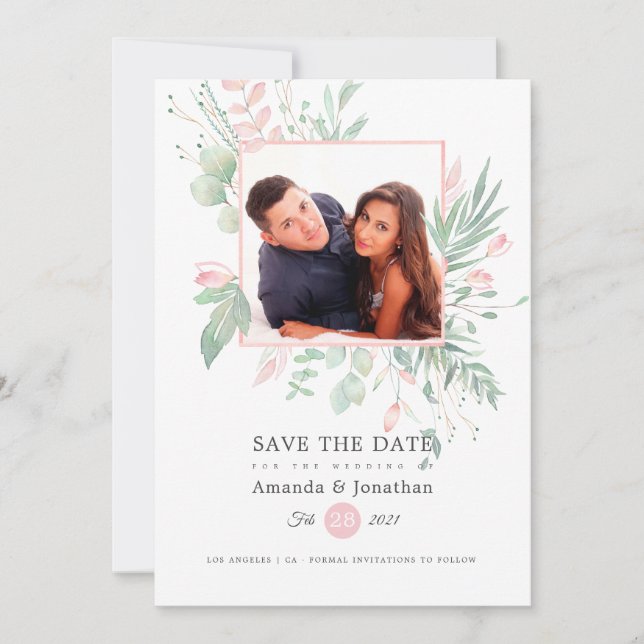 Pastel Blush Greenery Photo Wedding Save The Date (Front)