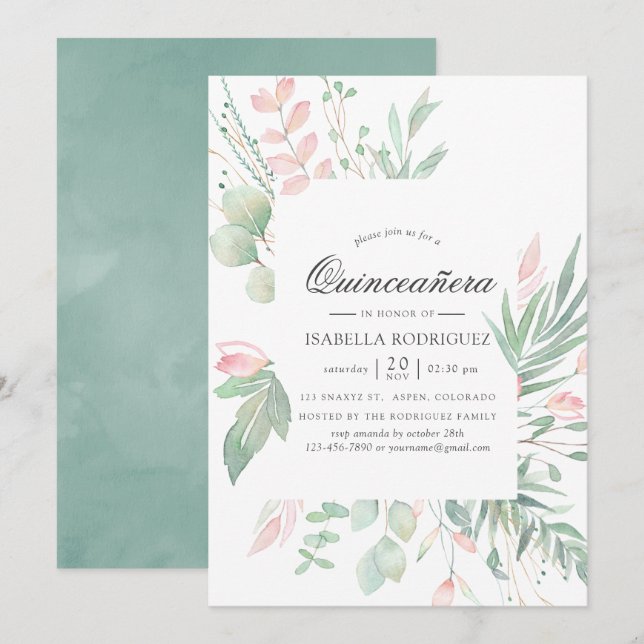 Pastel Blush Greenery Quinceañera Invitation (Front/Back)