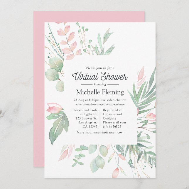 Pastel Blush Greenery Virtual Baby Shower Invitation (Front/Back)