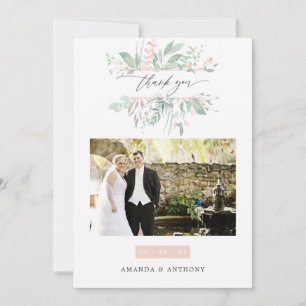 Pastel Blush Greenery Wedding Photo Collage Thank You Card