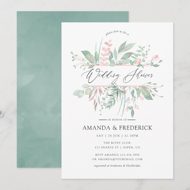 Pastel Blush Greenery Wedding Shower Invitation (Front/Back)