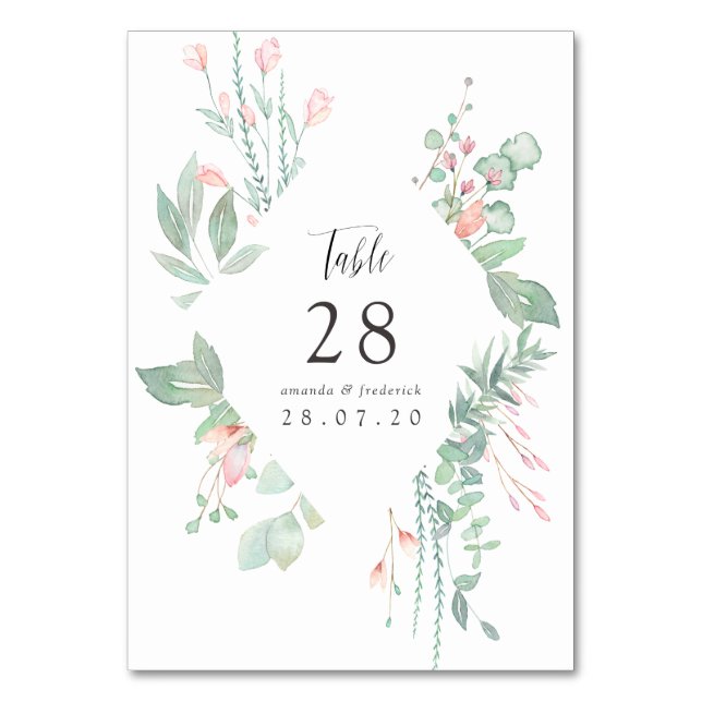Pastel Blush Greenery Wedding Table Number (Front)