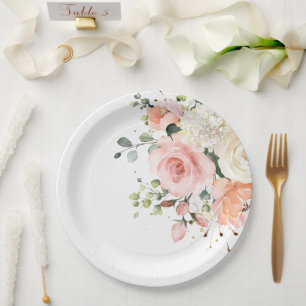 Pastel Blush Ivory Pink Floral Botanical Wedding Paper Plate