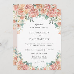 Pastel Blush Peach Ivory Floral Roses Wedding  Invitation