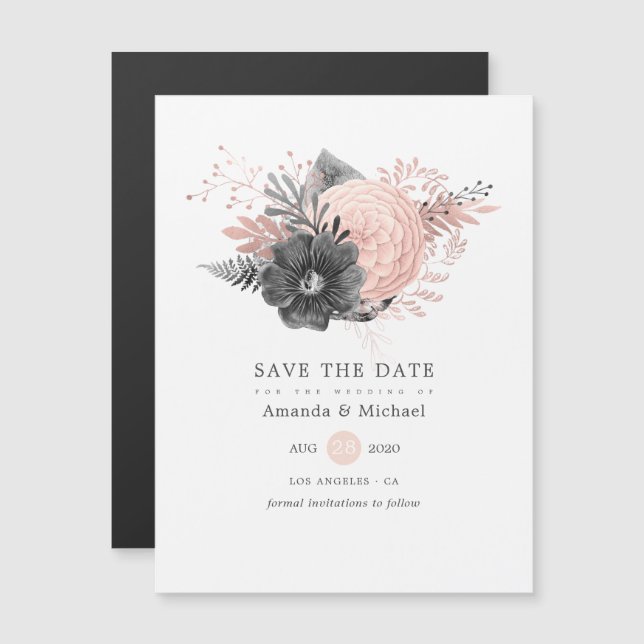 Pastel Blush Pink and Charcoal Black Save the Date Magnetic Invitation (Front/Back)