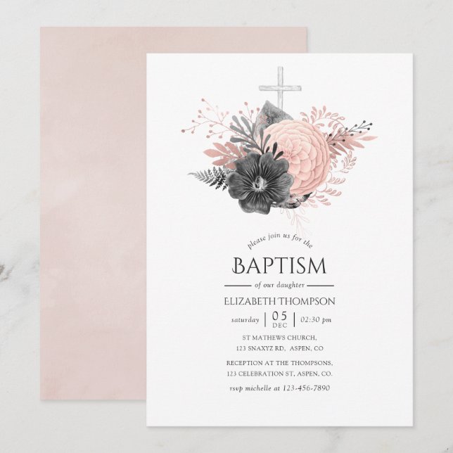 Pastel Blush Pink and Charcoal Floral Baptism Invitation (Front/Back)