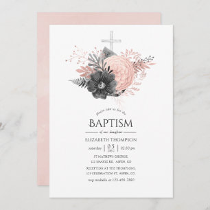 Pastel Blush Pink and Charcoal Floral Baptism Invitation