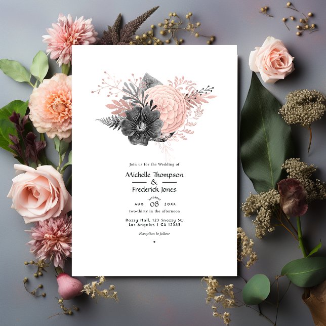 Pastel Blush Pink and Charcoal Floral Wedding Invitation (Creator Uploaded)