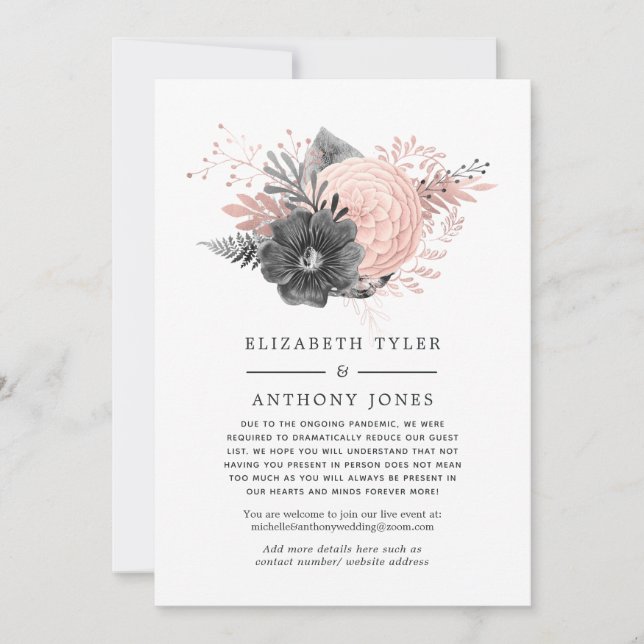 Pastel Blush Pink and Charcoal Reduced Guest List Announcement (Front)