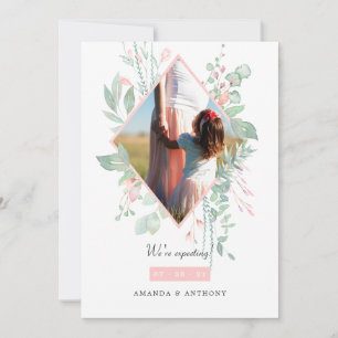 Pastel Blush Pink and Greenery Photo Pregnancy Announcement