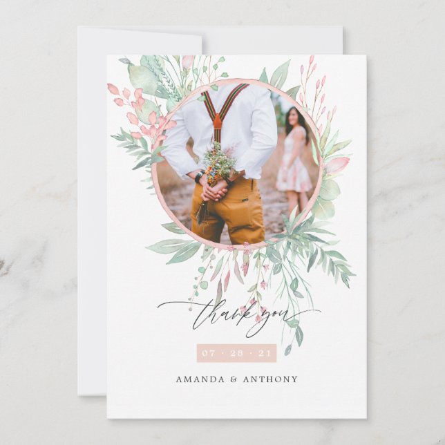 Pastel Blush Pink and Greenery Wedding Photo Thank You Card (Front)