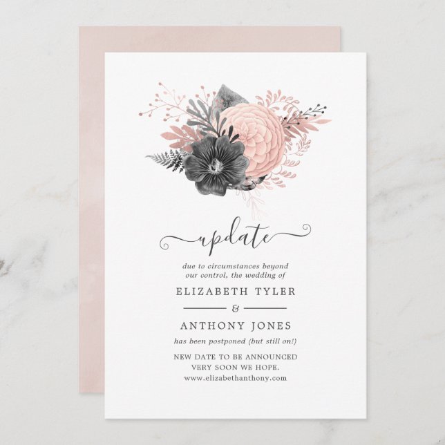 Pastel Blush Pink & Charcoal Floral Wedding Update Invitation (Front/Back)