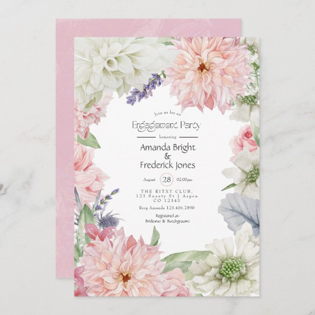 Pastel Blush Pink Dahlia Engagement Party Invitati Invitation (Front/Back)