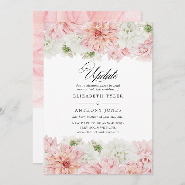 Pastel Blush Pink Dahlia Wedding Update Invitation (Front/Back)