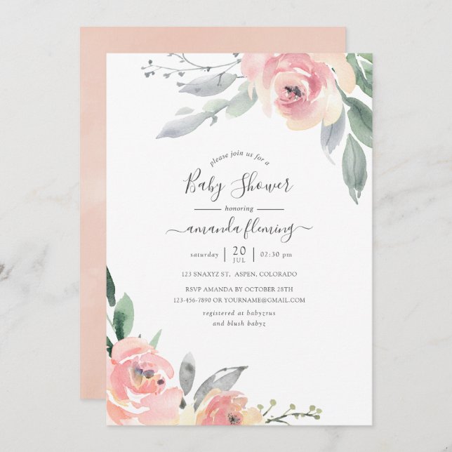Pastel Blush Pink Floral Baby Shower Invitation (Front/Back)