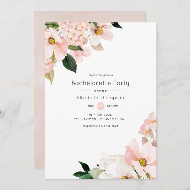 Pastel Blush Pink Floral Bachelorette Party Invitation (Front/Back)