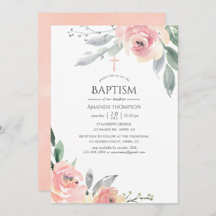 Pastel Blush Pink Floral Baptism Invitation