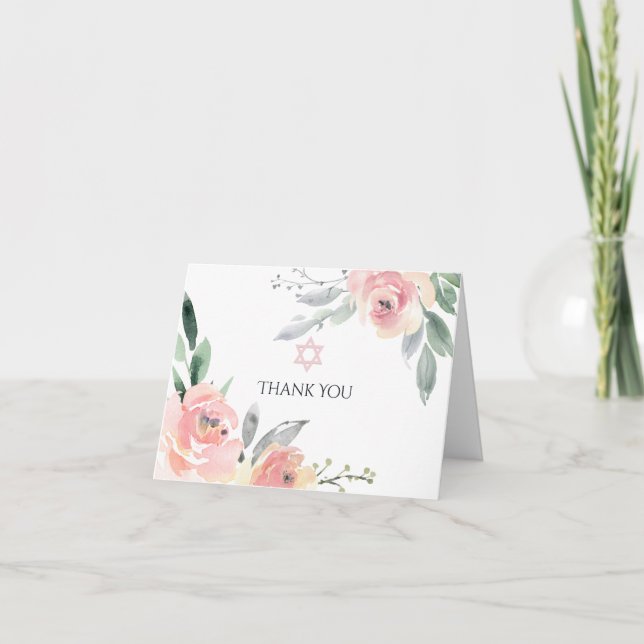 Pastel Blush Pink Floral Bat Mitzvah Thank You Car Card (Front)