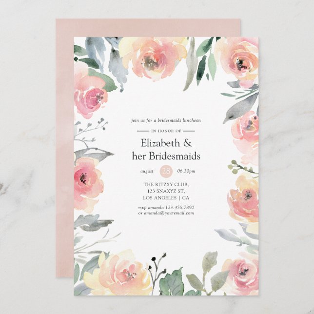 Pastel Blush Pink Floral Bridesmaids Luncheon Invitation (Front/Back)