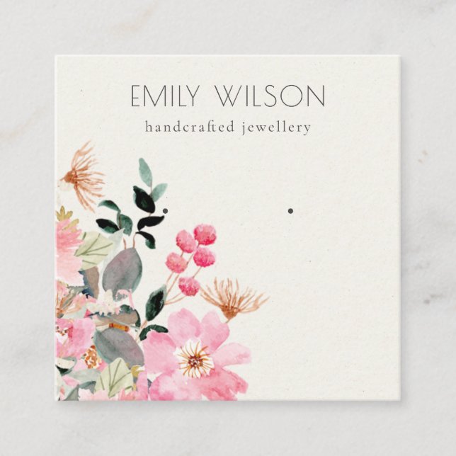 Pastel Blush Pink Floral Bunch Earring Display Square Business Card (Front)