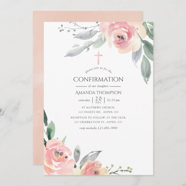 Pastel Blush Pink Floral Confirmation Invitation (Front/Back)