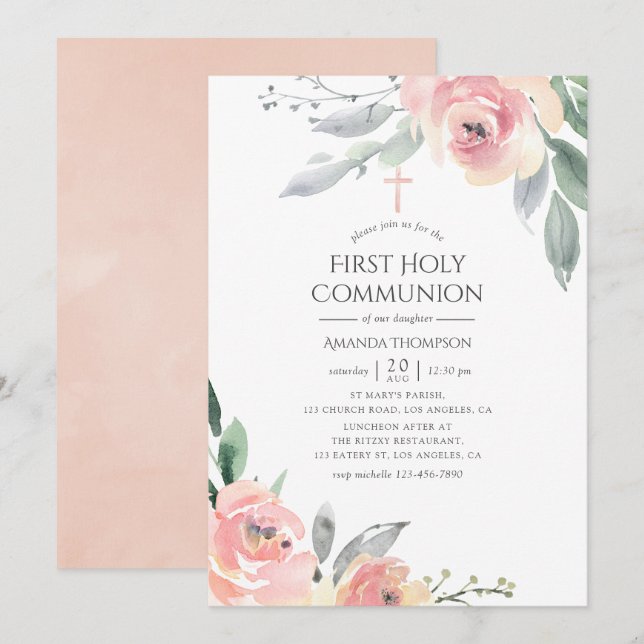 Pastel Blush Pink Floral First Holy Communion Invitation (Front/Back)