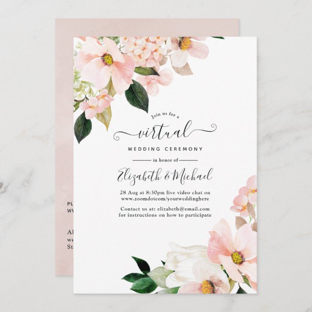 Pastel Blush Pink Floral Online Virtual Wedding Invitation (Front/Back)