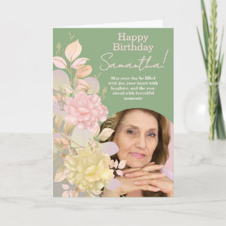 Pastel Blush Pink Floral Photo Birthday Greeting Card