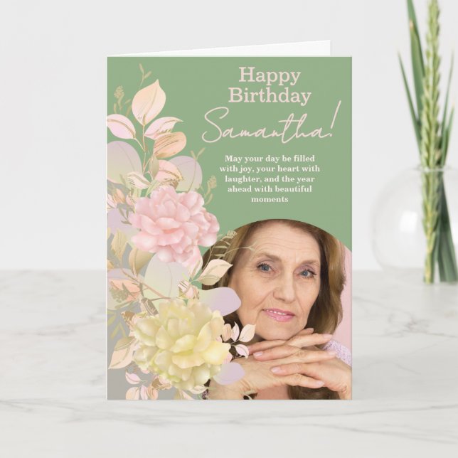 Pastel Blush Pink Floral Photo Birthday Greeting Card (Front)