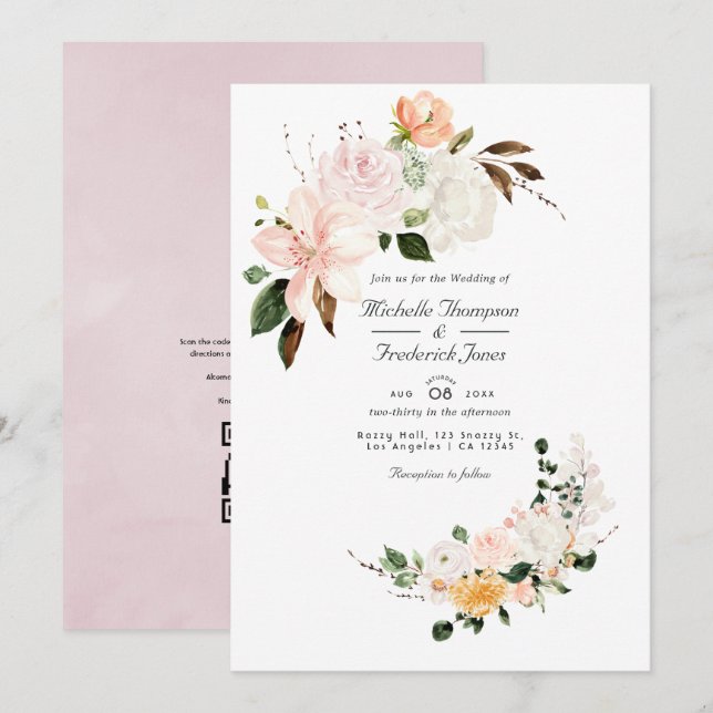 Pastel Blush Pink Floral QR Code RSVP Wedding Invitation (Front/Back)