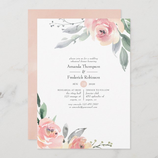 Pastel Blush Pink Floral Rehearsal Dinner Invitation (Front/Back)