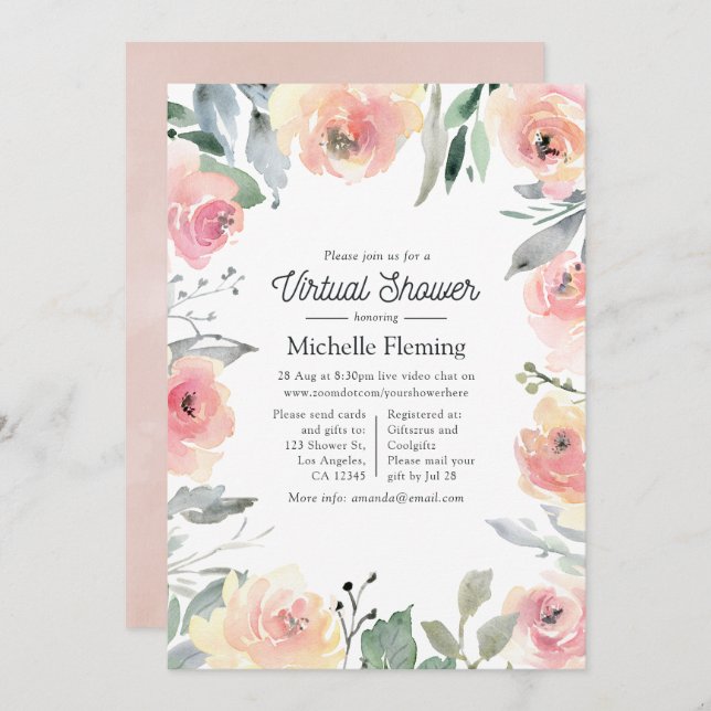 Pastel Blush Pink Floral Virtual Shower Invitation (Front/Back)