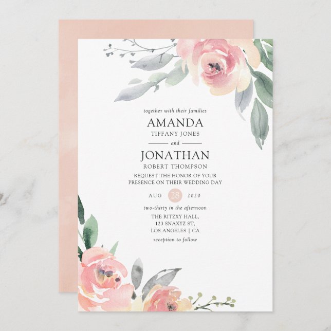 Pastel Blush Pink Floral Wedding Invitation (Front/Back)