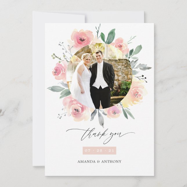 Pastel Blush Pink Floral Wedding Photo Collage Thank You Card (Front)