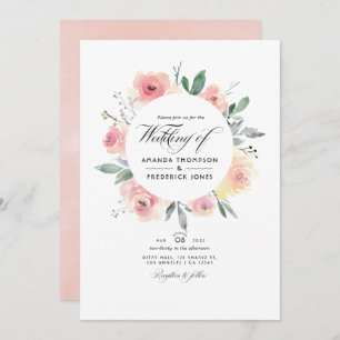 Pastel Blush Pink Floral Wedding Photo Invitation
