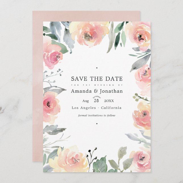 Pastel Blush Pink Floral Wedding Photo Save The Date (Front/Back)