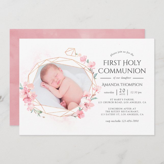 Pastel Blush Pink Geometric Floral Holy Communion  Invitation (Front/Back)