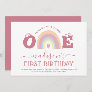 Pastel Blush Pink Rainbow Girls 1st Birthday Invitation