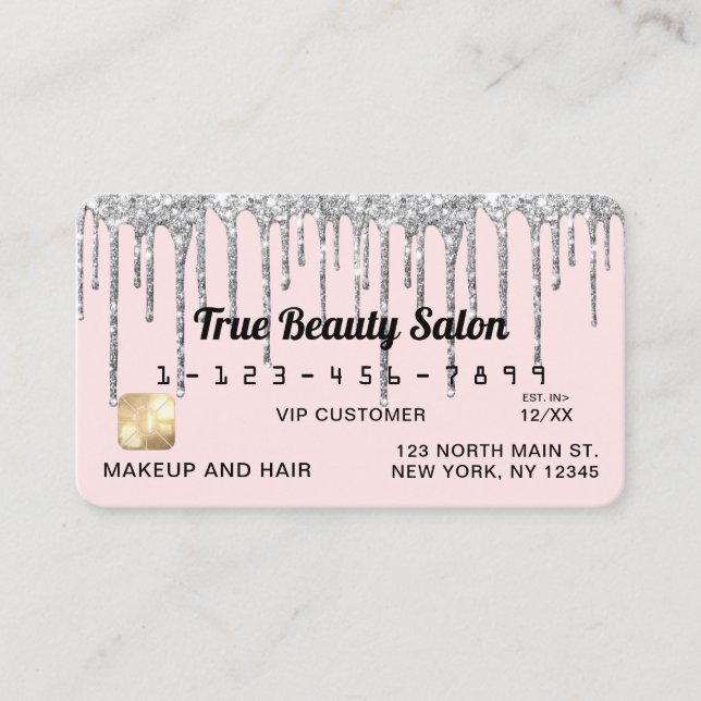 Pastel Blush Pink Silver Glitter Drips Credit Business Card (Front)